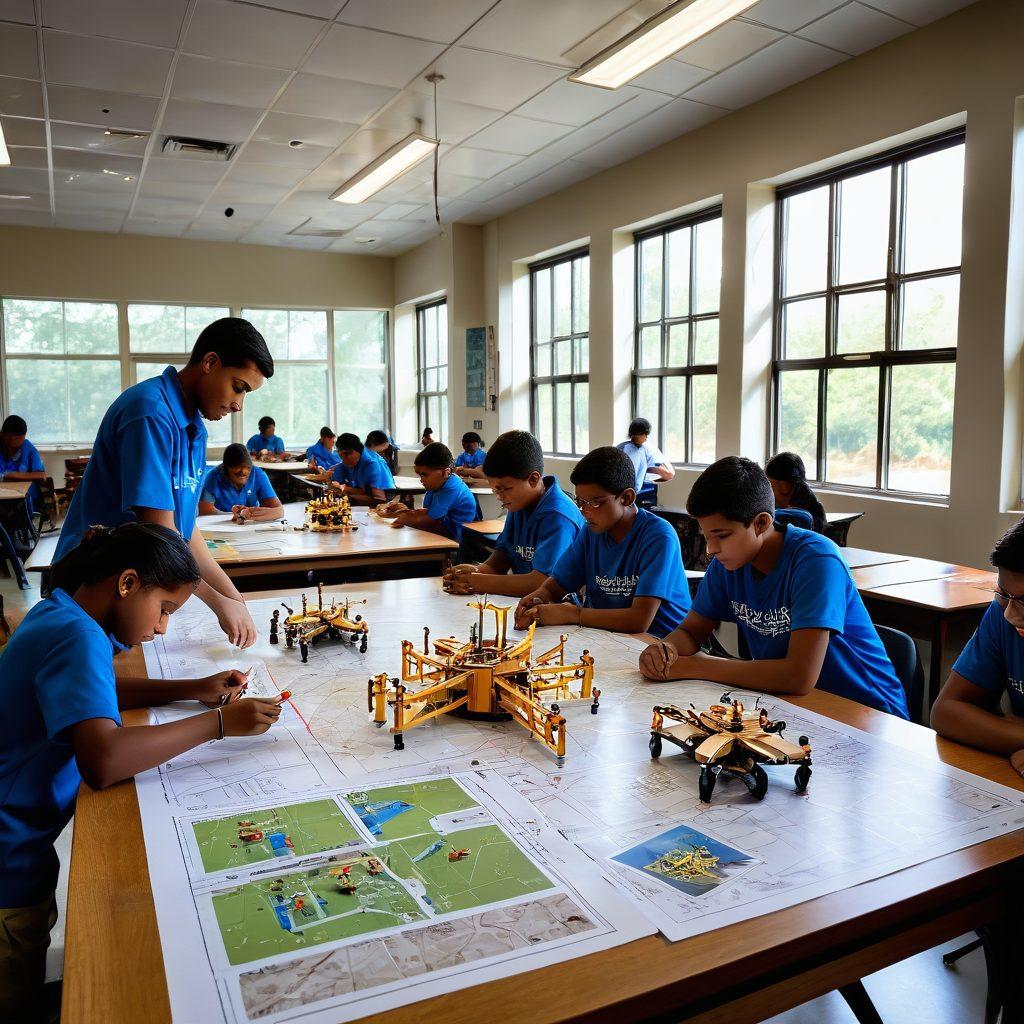 A bright and inspiring classroom scene showcasing diverse students engaged in hands-on engineering projects with tools and technology. Sunlight pouring in through large windows, illuminating blueprints, robotic models, and engineering books scattered around. A map of Maharashtra on the wall to symbolize local resources and opportunities. Include elements of innovation and teamwork, reflecting a future-forward vision. super-realistic. vibrant colors. educational theme.