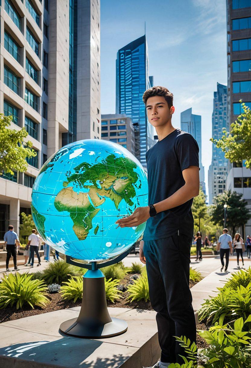 An engineering student standing confidently at the intersection of a modern city skyline and a lush green landscape, surrounded by blueprints and tools. The student is examining a holographic globe displaying various polytechnic institutions. In the background, diverse students collaborate with robotics and technology, under a bright sky. The scene exudes inspiration and innovation. vibrant colors. super-realistic.